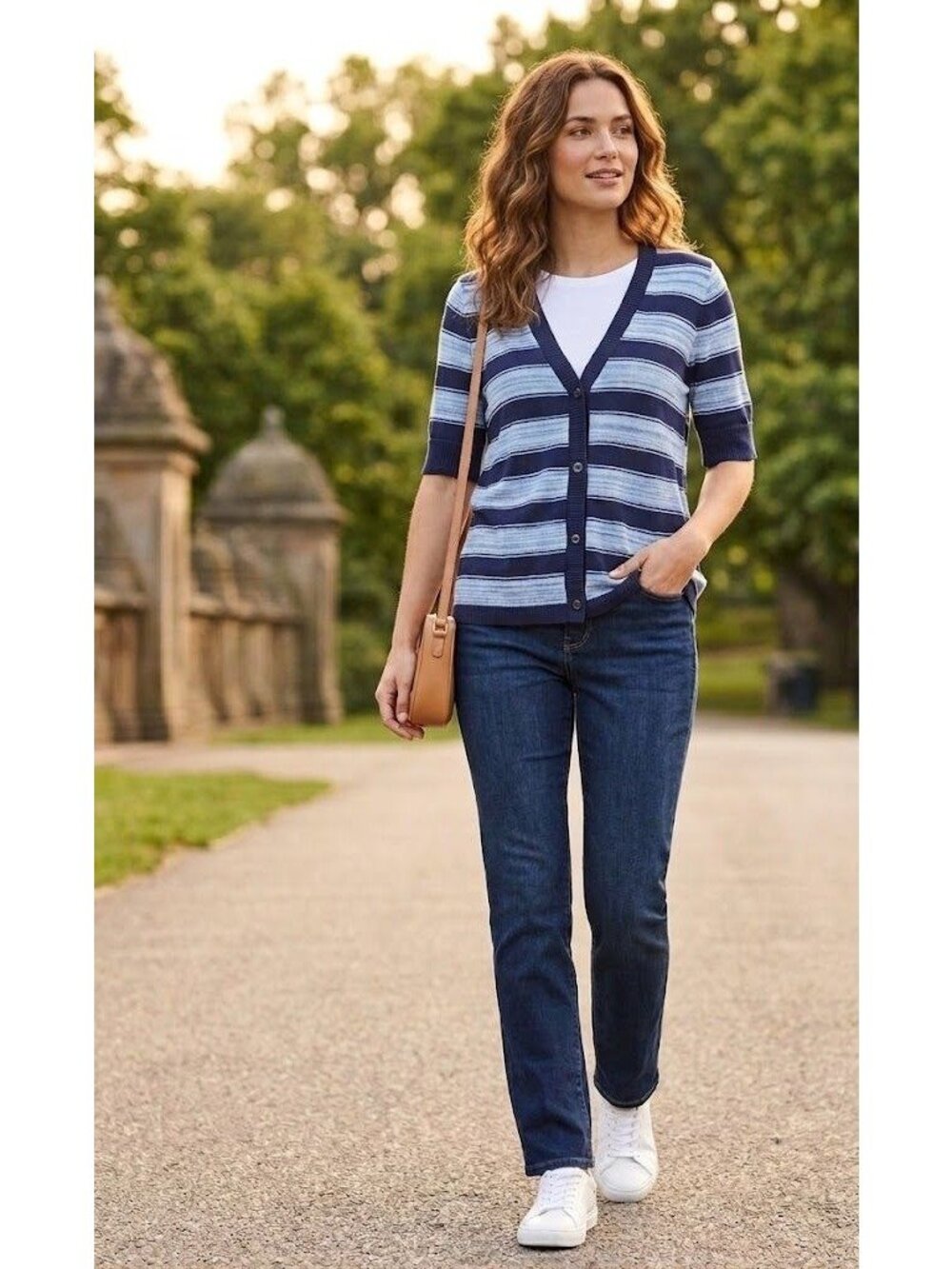 Eddie Bauer Womens Striped Cotton Cardigan Sweater XL Navy & Light Blue Button F